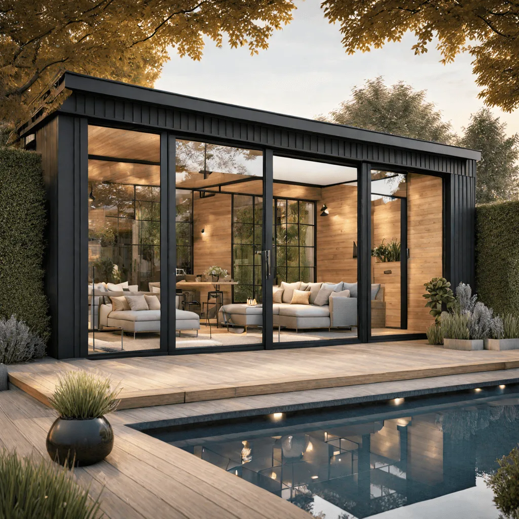 Strak en modern eikenhouten tuinhuis/buitenverblijf met grote glazen schuifdeuren, ingericht met lounge-meubels, geplaatst in een goed onderhouden tuin met zwembad.